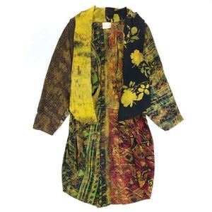 Vintage URU Lagenlook Hand Dyed Artisan Mixed Print Midi Kimono Cover Up OS